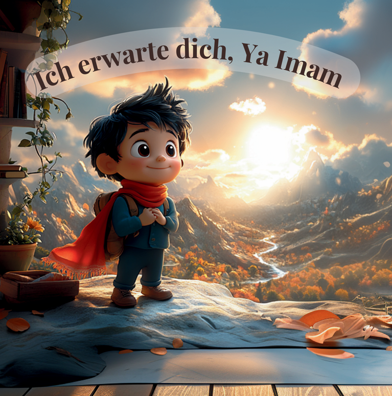 Seite aus dem Kinderbuch "Ich erwarte dich, Ya Imam", die eine nächtliche Stadtansicht mit Sternenhimmel und einen Text über die hoffnungsvollen Gedanken des Jungen Ali Abbas an Imam Mahdi zeigt.