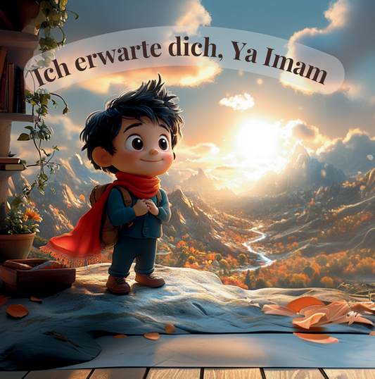 Seite aus dem Kinderbuch "Ich erwarte dich, Ya Imam", die eine nächtliche Stadtansicht mit Sternenhimmel und einen Text über die hoffnungsvollen Gedanken des Jungen Ali Abbas an Imam Mahdi zeigt.