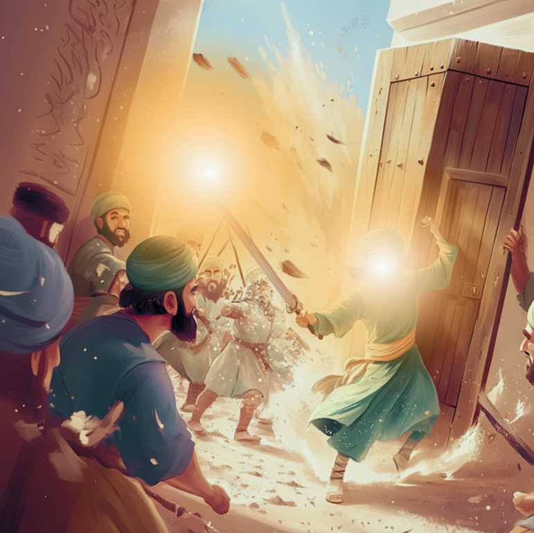 Aufgeschlagenes Kinderbuch über Imam Ali (a.s.), das eine farbenfrohe, ganzseitige Illustration und arabische Kalligraphie zeigt.