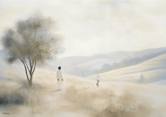 Poster zeigt Imam Reza (a.s.) in weißem Gewand, der auf einem sanften Hügel einen Hirsch ansieht, in einer friedlichen, nebligen Landschaft mit einem Baum.